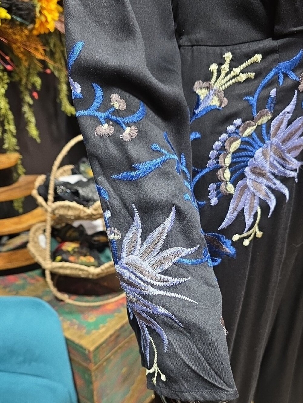 Free People Black Jumpsuit with Blue Floral Embroidery - Picture 6 of 15